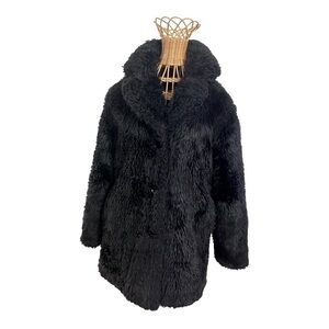 Blanc Noir Black Faux Fur Coat Sz S Super Soft Plush Jacket Thigh Length.